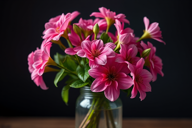 A vibrant bouquet of pink flowers arranged in a glass jar, set against a soft dark background, captured with a Canon EOS 5D Mark IV, 50mm lens, f/2.8 aperture, ISO 100, natural lighting, high dynamic range, with a focus on the delicate petals and leaves.