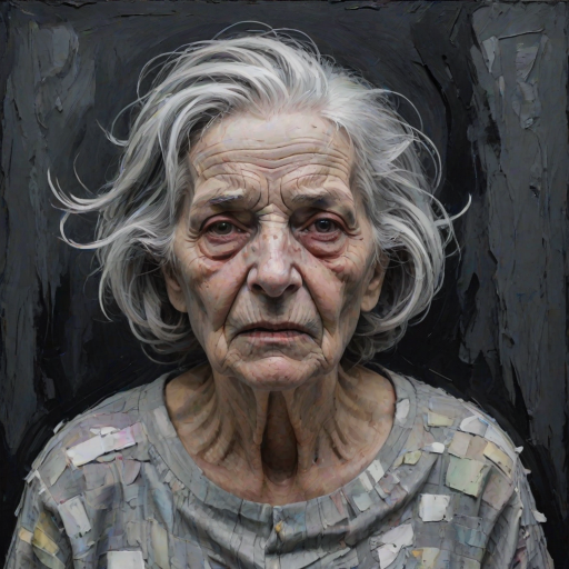 Final exit party. Dark Moody impasto dark picture edges. old woman. grey untidy hair streaked with white and pastel muted colours. include whole head and neck and shoulders. death lurks in the background.