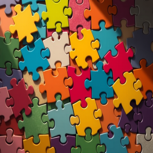 Regenerate an image of a colorful jigsaw puzzle with various shapes and shades, focal length 35mm, aperture f/4, ISO 100, using a top-down view and digital illustration style.