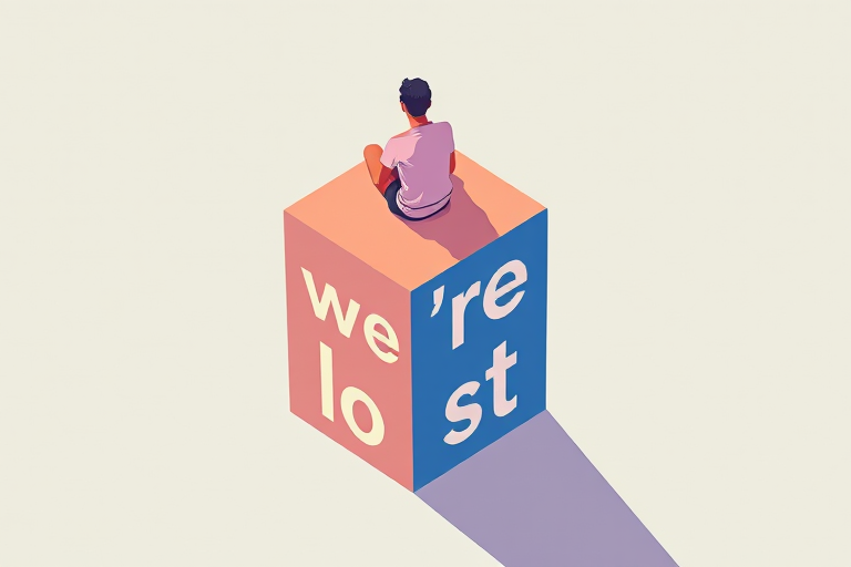 Create an illustration of a person sitting on the edge of a 3D box with the text "we're lost" integrated into the design, using a vibrant color palette, in a minimalist style, with a top-down view, digital art, high resolution, and camera settings at ISO 100, aperture f/8, and shutter speed 1/125s.