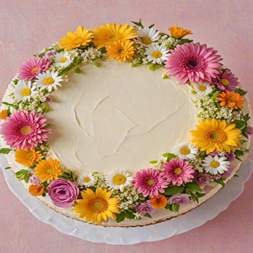 Create an image of a beautifully decorated cake surrounded by a variety of colorful flowers. The cake should have a smooth frosting and be adorned with fresh blooms like roses and daisies, arranged in a circular pattern on top and around the base. The setting should be bright and airy, with a hint of natural light illuminating the scene.