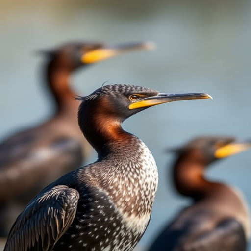 photograph of cormorant birds on a blurred background, taken with a DSLR camera at 200mm focal length, aperture f/5.6, ISO 100, in natural light, sharp focus on the foreground bird with smooth bokeh effect in the background