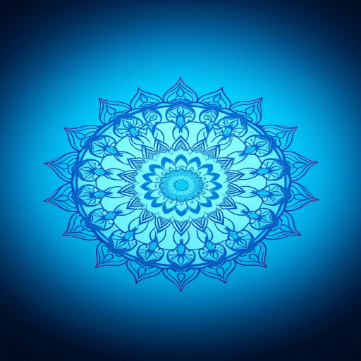 Create a high-resolution image of a delicate mandala pattern on a gradient blue background, captured with a DSLR camera using a 50mm lens at f/1.8, ISO 100, and a soft focus style to enhance the serenity and depth.
