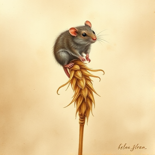 Soft, muted Alcohol Ink with ebru effect background image of tiny whimsical rat, who climbed high on the top of a golden rye ear.