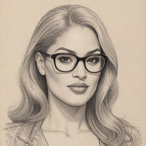 Fetching Keke Wyatt, pencil sketch, portrait of Radiant woman 1974s in glasses, hair style beatnik, outline, clear lines, fine lines, 8k