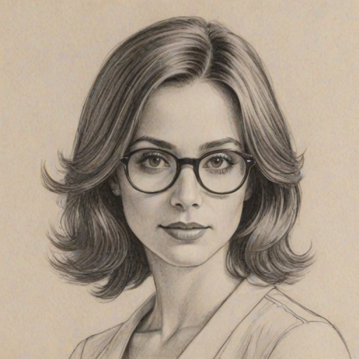 Comely Freddie Prinze Jr., pencil sketch, portrait of Exquisite woman 1975s in glasses, hair style beatnik, outline, clear lines, fine lines, 8k