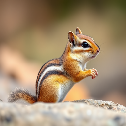 Create a high-resolution image of a side view of a chipmunk with vibrant colors, using a DSLR camera with a 50mm lens, f/2.8 aperture, ISO 100, and a shallow depth of field, capturing the subject in a natural outdoor setting with soft diffused lighting.