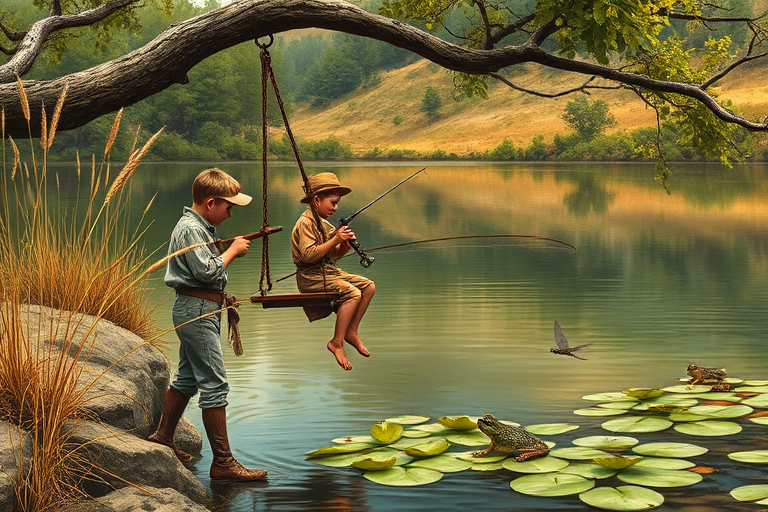 Imagine a small group of old fashioned young boys out fishing by the creek, a swing hanging from a tree branch, reeds and grasses by the water's edge, a frog sitting on a lily pad, dragonflies hovering over som water plans, a very iconic old fashioned scene reminiscent of a Norman Rockwell painting style