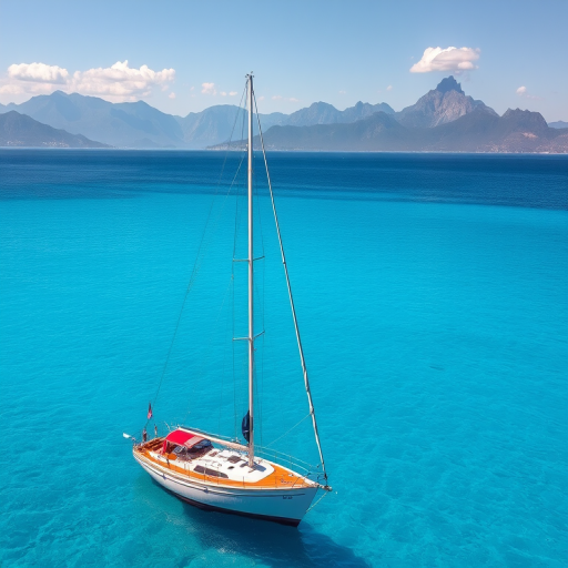 A sailing boat on clear blue water with mountains in the background, shot with a DSLR camera, 50mm lens, f/8 aperture, ISO 100, natural lighting, shooting from a medium distance to capture details and depth in the scene.
