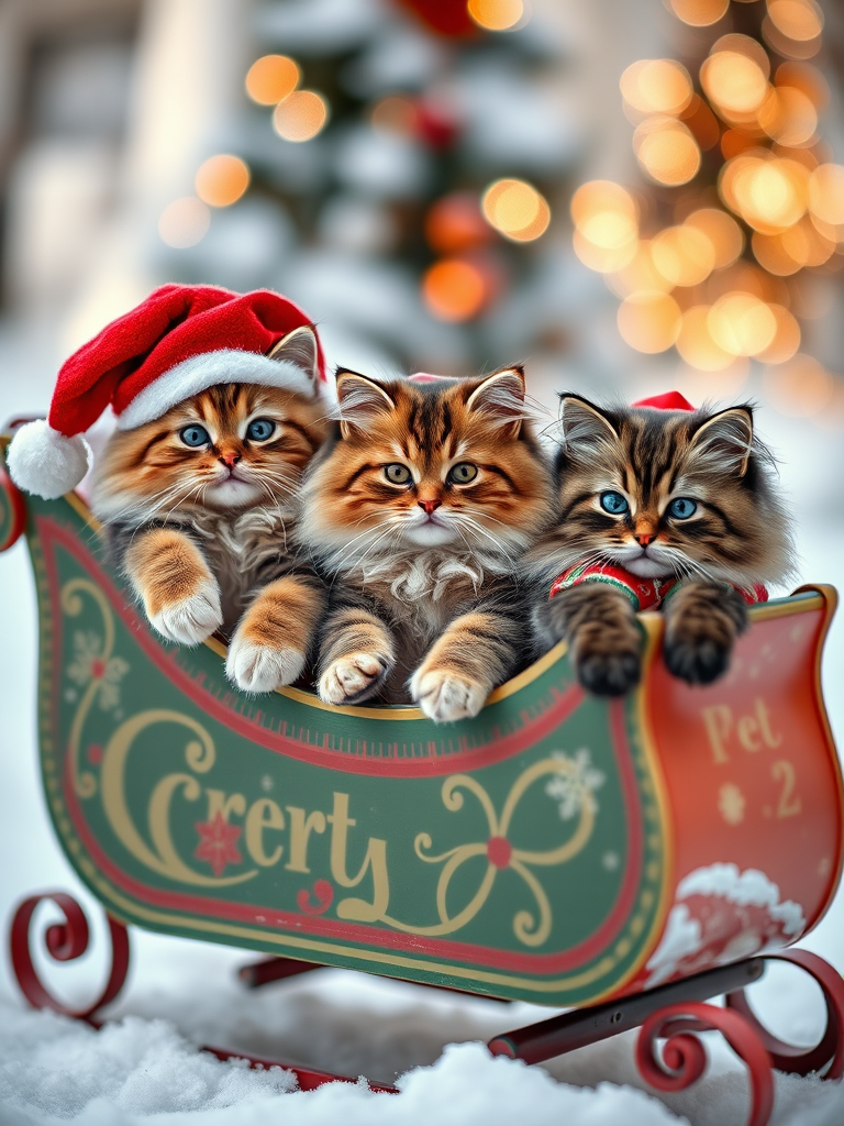 A cozy winter scene featuring three fluffy cats in festive outfits lounging on a colorful sleigh, shallow depth of field, soft natural lighting, shot with a 50mm lens at f/1.8, ISO 200, taken with a DSLR camera in portrait mode.