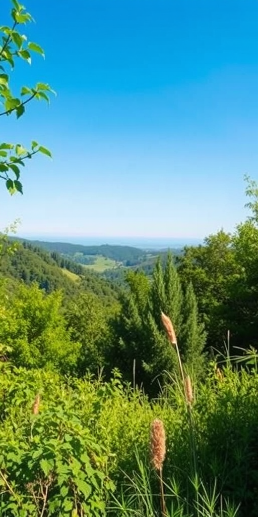 Capture a high-resolution image of a serene natural landscape featuring lush greenery and a clear blue sky, using a Canon EOS R5, aperture f/8, shutter speed 1/250s, ISO 100, in landscape orientation with a wide-angle lens.