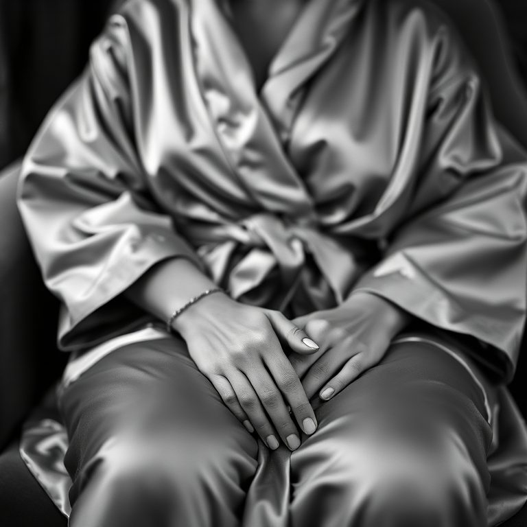 Capture a black and white image of a person in a satin robe seated, focusing on their hands resting on their lap, using a shallow depth of field with a 50mm lens at f/1.8, ISO 100, shutter speed 1/125s, from a slightly elevated angle to create an intimate atmosphere and highlight the texture of the fabric.