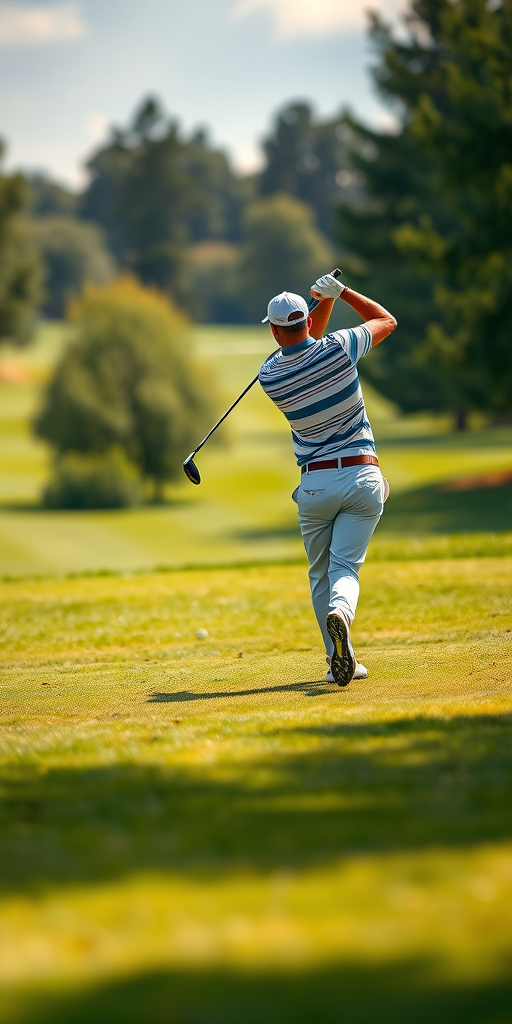 Capture a golfer in mid-swing on a lush green golf course, using a Canon EOS R5 with a 70-200mm f/2.8 lens at 1/1000s shutter speed, ISO 100, aperture f/4, soft focus background, and natural light.