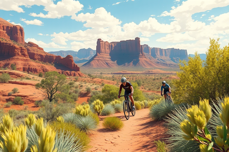 Create a vibrant illustration of a desert landscape with red rock mountains in the background, featuring two cyclists riding through lush green vegetation, capture the scene from a low-angle wide shot, using a digital painting style for sharp details and vibrant colors, emulate a DSLR camera with a focal length of 35mm and an aperture of f/8 to enhance depth of field.
