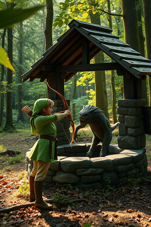 Create an image of a forest scene with a stone well and a character in a green outfit drawing a bow, aiming at a fantastical creature emerging from the well, with soft natural lighting, a 50mm lens, f/2.8 aperture, ISO 100, and a shallow depth of field for enhanced focus on the character and creature.