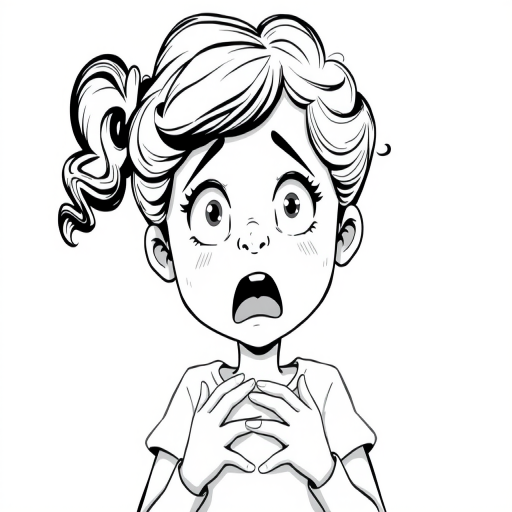 The image is a black and white illustration of a young girl with curly hair. She has a surprised expression on her face with her mouth open and her hands clasped together in front of her chest. Her eyes are wide and her eyebrows are furrowed. Her hair is styled in loose curls that are cascading down her back. The overall mood of the image is one of shock or surprise.