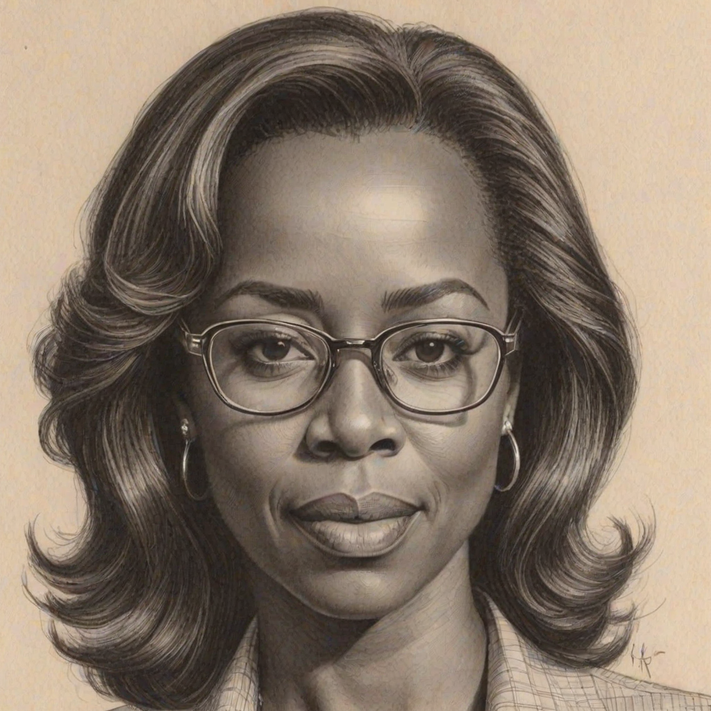Beauteous Courtney B. Vance, pencil sketch, portrait of Lovely woman 1975s in glasses, hair style beatnik, outline, clear lines, fine lines, 8k