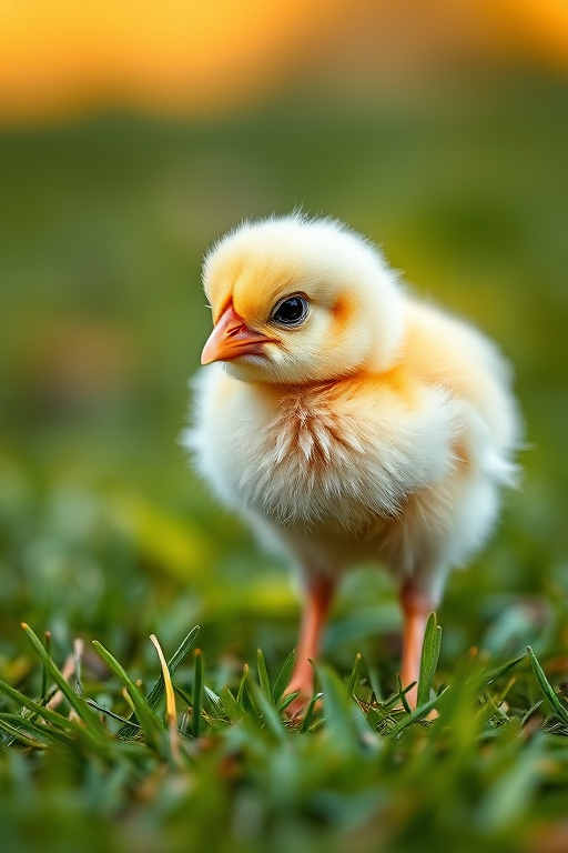 Generate a high-resolution image of a cute chick standing on green grass with a soft focus background, using a DSLR camera at f/2.8 aperture, 1/500 sec shutter speed, ISO 200, natural daylight, and an angle that captures the chick at eye level.