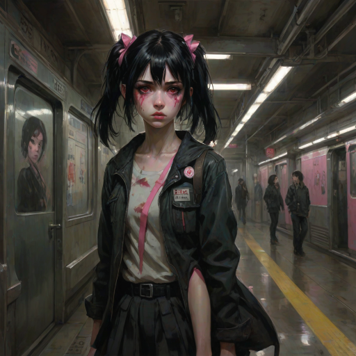 Darkness, horror, creepy, Impressionist Anime painting, metro 2033, disease, mine - type, mass - produced type, cross, slanted eyes, thick coating, twintails, ribbon, black hair, pink eyes, on metro station interior, horror movie atmosphere, dramatic light atmosphere, by Malcolm Liepke, Casey Baugh, jujin ito, and Nick Alm