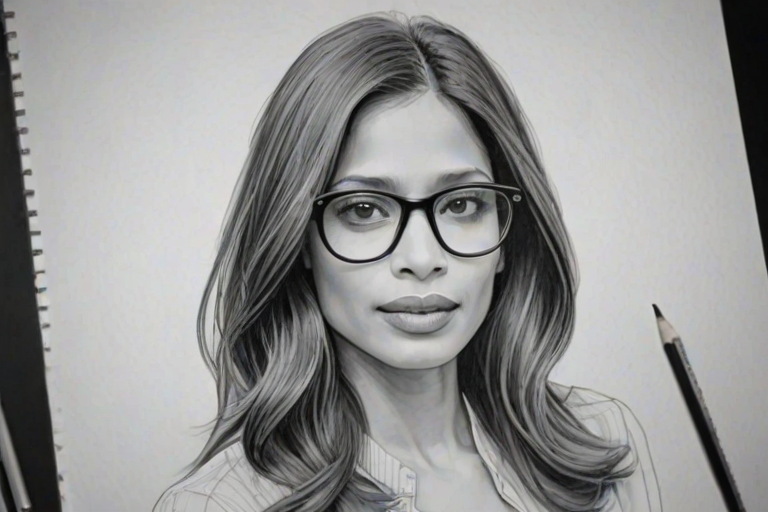 Fetching Freida Pinto, pencil sketch, portrait of Fetching woman 1974s in glasses, hair style beatnik, outline, clear lines, fine lines, 8k