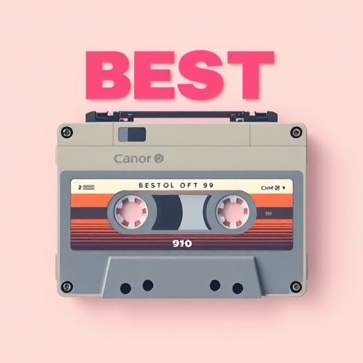 Create a high-resolution illustration of a vintage cassette player with a nostalgic design, emphasizing the "BEST of 90's" theme, using a soft pastel color palette, captured with a Canon EOS R5 at f/8, ISO 100, 50mm lens, top-down angle, flat lay style for enhanced clarity and detail.