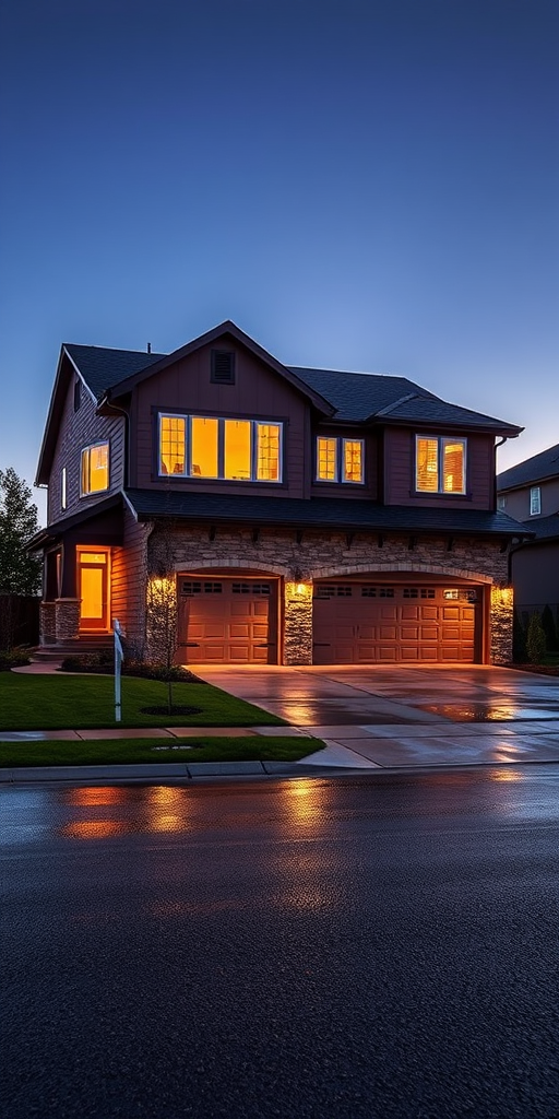 suburban house, dusk, modern architecture, two-story, garage doors, wet driveway, landscaped, front lawn, exterior lighting, clear sky, twilight hues, residential area, paved road, high dynamic range, wide angle, curb appeal, stone accents, window reflections, tranquil scene