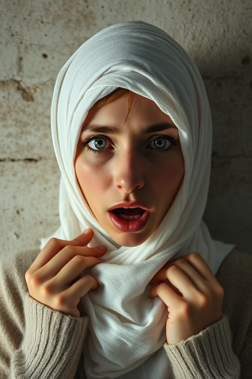 Create a close-up photographic image of a Tajik woman with light skin tones shown against an old, worn wall. Their head is wrapped in a white cloth covering (i.e.... parts of the head except the nose and mouth, which are open as if they are screaming...), with a slight texture and visible folds in the fabric. Thin strands of blonde hair escape from the wrapping above, falling lightly at the top and sides. Their hands hold the fabric as if they are tugging nervously. The lighting is dramatic and even, casting strong shadows. The image has a minimalist and surreal style with an emphasis on simplicity with soft color tones. The composition is centered.
