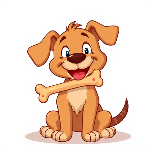 Create a cartoon image of a playful brown dog sitting contently with a bone in its mouth, focusing on vibrant colors and smooth lines, using a digital illustration style with a high resolution of 300 DPI, frontal view, brightly lit background.