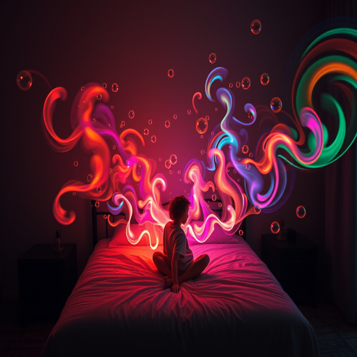 Generate an ethereal scene of a person sitting on a bed with vibrant colorful swirls and bubbles emanating from them, captured with a DSLR camera at f/1.8 aperture, ISO 100, 50mm lens, in a low light setting to enhance contrast and saturation, shot from a slightly elevated angle for a dramatic effect.