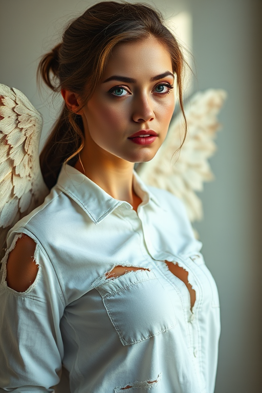 portrait of a woman with textured wings wearing a torn white shirt, soft focus background, natural light with a slight shadow, 50mm lens, aperture f/1.8, ISO 200, 1/125s, shot from a low angle to highlight the wings and expression, studio setup.