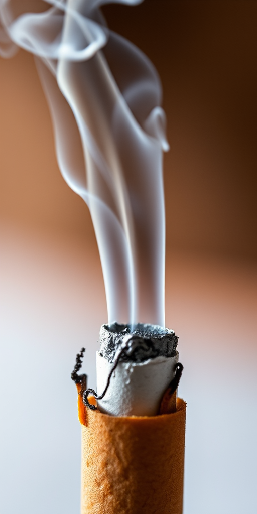 Create a realistic image of a smoking cigarette with visible smoke, captured with a Canon EOS 5D Mark IV, 50mm lens, f/2.8 aperture, ISO 100, against a soft-focus background.