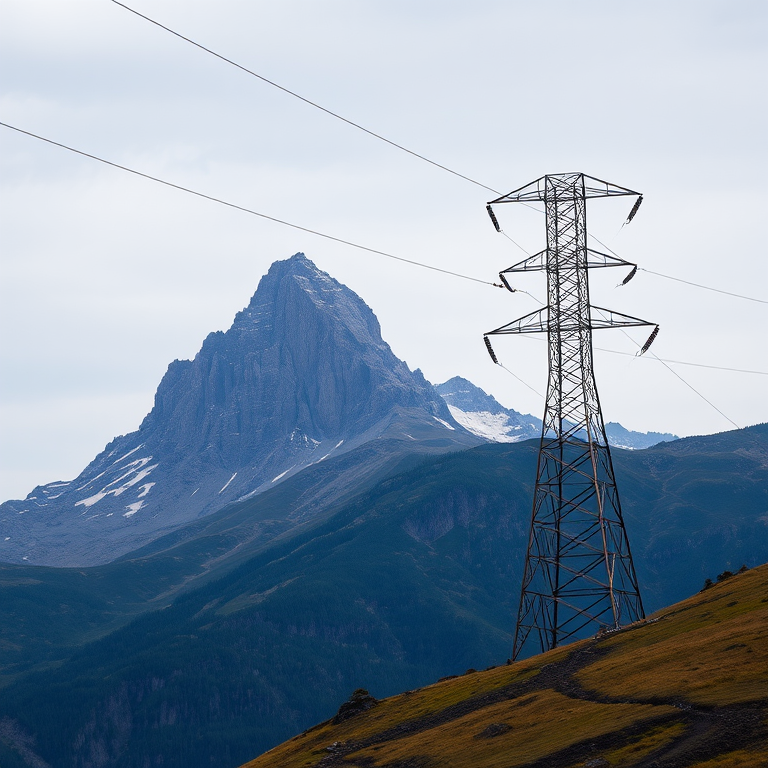 high-resolution image of a mountain landscape with a power line tower in the foreground, captured with a DSLR camera at f/8 aperture, ISO 100, 1/125 sec exposure, 24mm wide-angle lens, taken from a low angle to emphasize the height of the mountain and the tower, in natural lighting with a slight overcast sky for soft shadows and vibrant colors