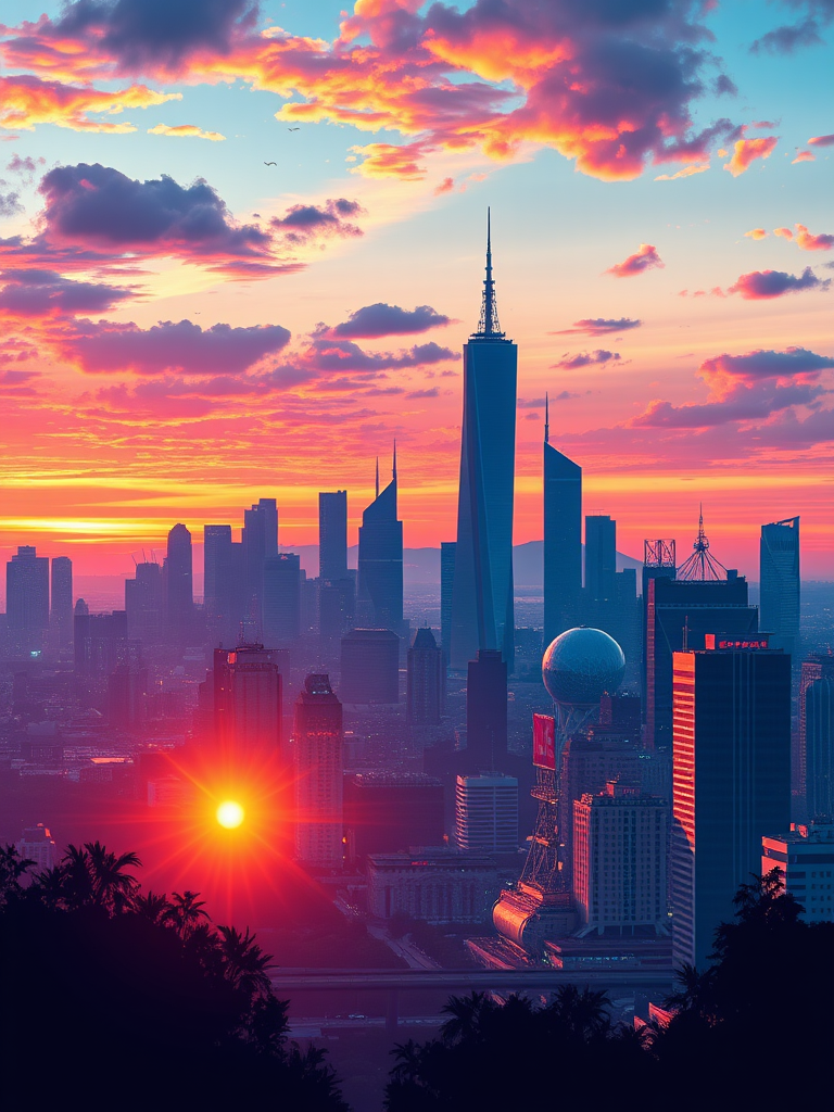 Create a detailed vector illustration of a futuristic city skyline during sunset with vibrant colors, using a Canon EOS R5 camera, ISO 100, aperture f/8, shutter speed 1/200 sec, wide angle view, in a digital art style.