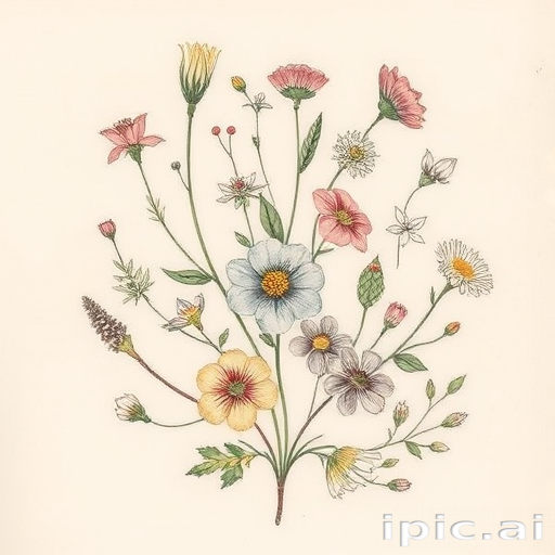 Illustrative botanical tattoo showcasing a variety of delicate flowers and leaves, rendered in a vintage botanical illustration style with fine lines and subtle color washes for a timeless aesthetic
