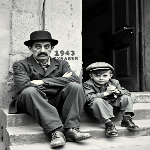 A black-and-white photograph of a man and a child sitting on steps in front of a doorway. The man is dressed as a tramp with a bowler hat, mustache, and ragged clothes, reminiscent of Charlie Chaplin's iconic look. He is sitting with his arms crossed and an expression of slight sadness or frustration. Next to him is a young boy, also in worn clothes and a cap, sitting with his hands clasped, looking thoughtful. The background is an old, textured wall and a partially open door, creating a vintage, early 20th-century atmosphere.