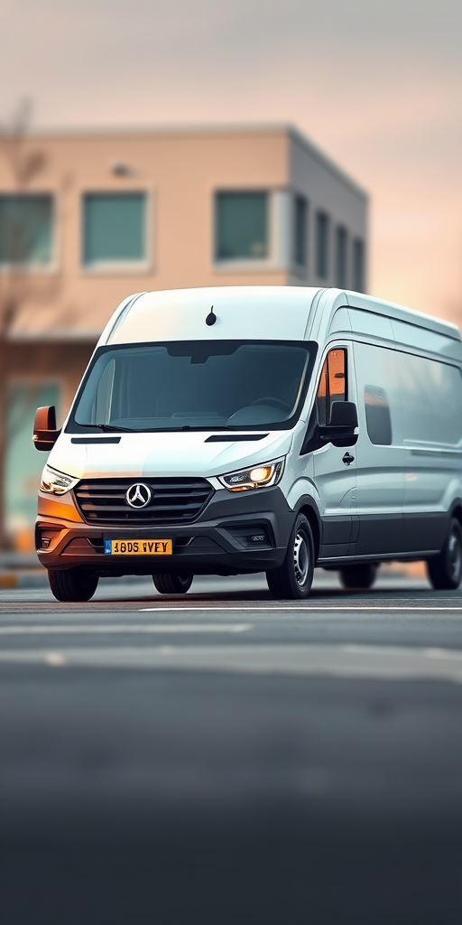 Create a high-resolution digital illustration of a modern delivery van, captured from a three-quarter front view, using a DSLR camera with a 35mm lens, aperture set to f/8 for a sharp foreground and background, ISO 100 for optimal clarity, and a slight vignette effect to enhance focus on the van.