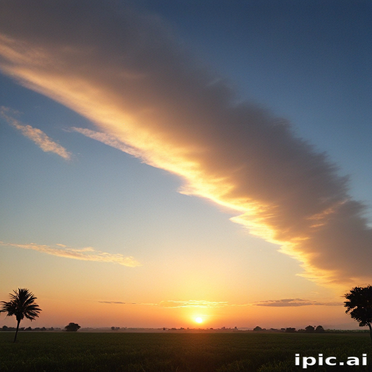 Stunning Sunset with Dramatic Clouds Over a Peaceful Green Landscape
