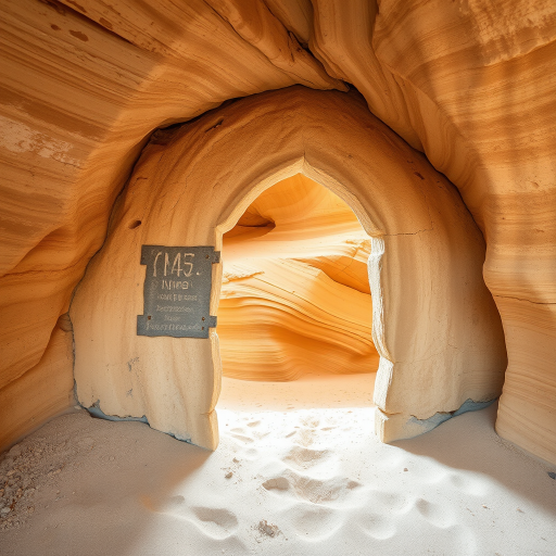 Regenerate the image of a weathered stone doorway in a sandy cave with swirling sandstone walls, soft diffused lighting, focal length of 35mm, aperture f/4, ISO 200, using a DSLR camera, wide-angle view to enhance depth and texture.