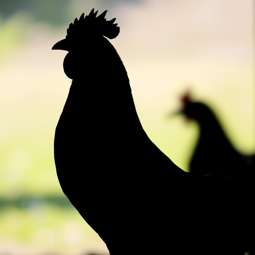 A high-resolution silhouette of a chicken standing in profile, captured with a DSLR camera at f/2.8 aperture, 50mm lens, ISO 100, shot from a 45-degree angle in natural light with a soft focus background.