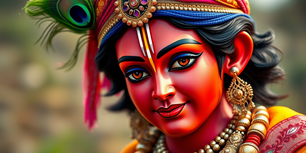 Generate a vibrant and highly detailed portrait of Lord Krishna, showcasing intricate jewelry, colorful attire, and a peacock feather in his turban, with a serene natural background, using a DSLR camera, 85mm f/1.8 lens, ISO 100, aperture f/2.8, focus on facial features, vibrant colors, and enhanced contrast for depth.