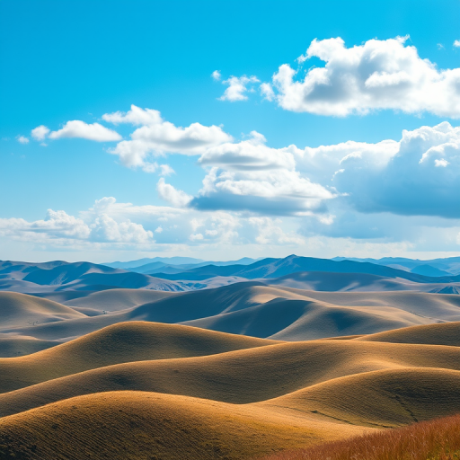 Create a high-resolution image of a serene landscape featuring rolling hills under a clear blue sky with fluffy clouds, captured with a Canon EOS R5 camera, 24mm f/1.4 lens, aperture set to f/8, ISO 100, and a shutter speed of 1/250s for vibrant colors and sharp details.