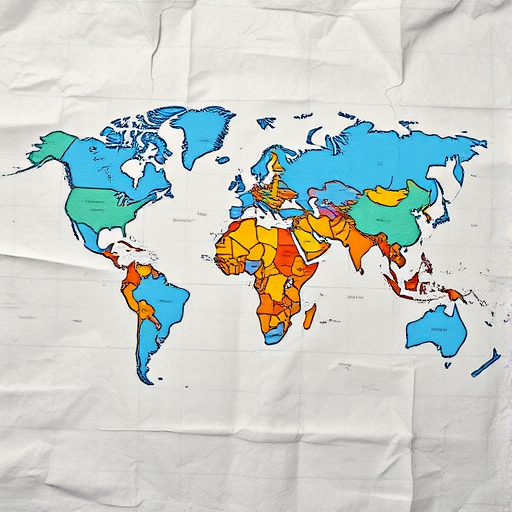 A highly detailed map of the world with a textured crumpled paper background, captured with a Canon EOS 5D Mark IV, 50mm lens, aperture f/8, ISO 100, 1/125s exposure, top-down view, focus on vivid blue colors and shadows for depth.