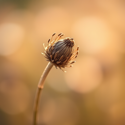 Capture a focused close-up of a dried flower stalk with soft bokeh in the background, using a DSLR camera with a 50mm f/1.8 lens, aperture set to f/2.8, shutter speed of 1/200 sec, ISO 100, in natural light with a shallow depth of field.