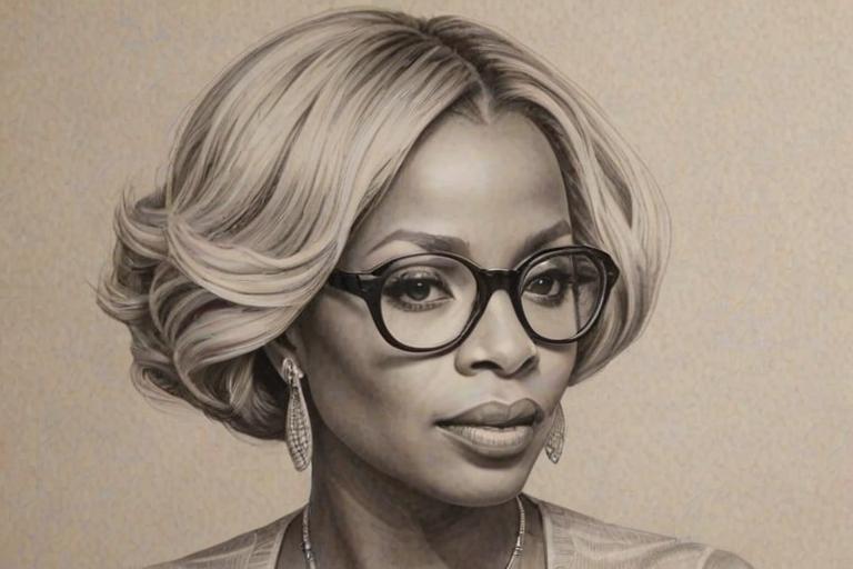 Radiant Mary J. Blige, pencil sketch, portrait of Delightful woman 1931s in glasses, hair style beatnik, outline, clear lines, fine lines, 8k