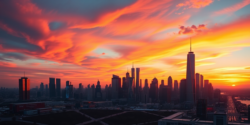 Generate a high-quality image of a futuristic city skyline at sunset with vibrant colors, using a DSLR camera at f/8 aperture, ISO 100, and a wide-angle lens, capturing a panoramic view with a slight tilt for artistic effect.