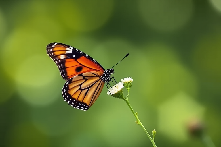 Create an image of a butterfly perched delicately on a flower, with a soft, blurred green background that conveys a sense of tranquility and nature. The butterfly should have vibrant orange and black wings, showcasing intricate patterns, while the flower should be small and white, adding contrast to the scene.