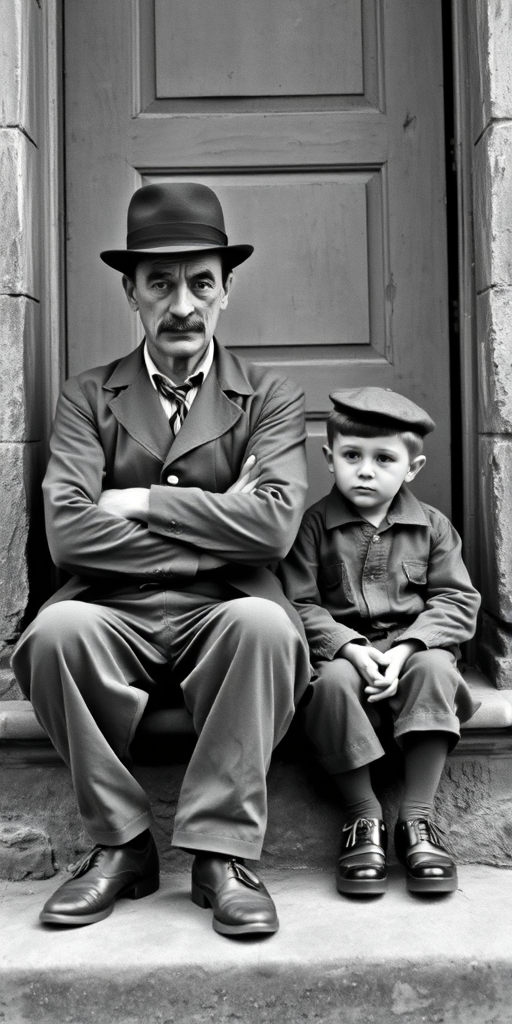A black-and-white photograph of a man and a child sitting on steps in front of a doorway. The man is dressed as a tramp with a bowler hat, mustache, and ragged clothes, reminiscent of Charlie Chaplin's iconic look. He is sitting with his arms crossed and an expression of slight sadness or frustration. Next to him is a young boy, also in worn clothes and a cap, sitting with his hands clasped, looking thoughtful. The background is an old, textured wall and a partially open door, creating a vintage, early 20th-century atmosphere.