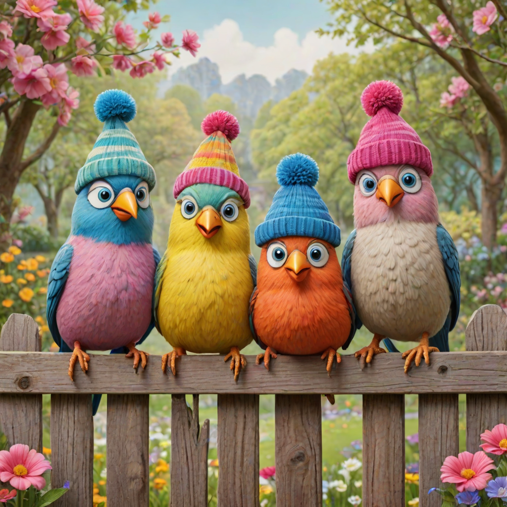 create a scene of 4 quirky  whimsical colourful comical birds each with a funny expression. they are sat on a wooden fence with colourful flowers. they are all different sizes. each one is a different colour  one is wearing a woolly hat. Each one has a different quirky google expression and there is a muted background of trees watercolour paintierly style high definition 8k resolution 3D paper mache