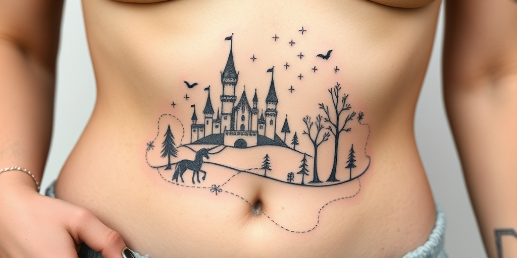Delicate fine line tattoo wrapping around the ribcage, illustrating a whimsical fairy tale scene with a castle, unicorn, and enchanted forest in minimalist black ink