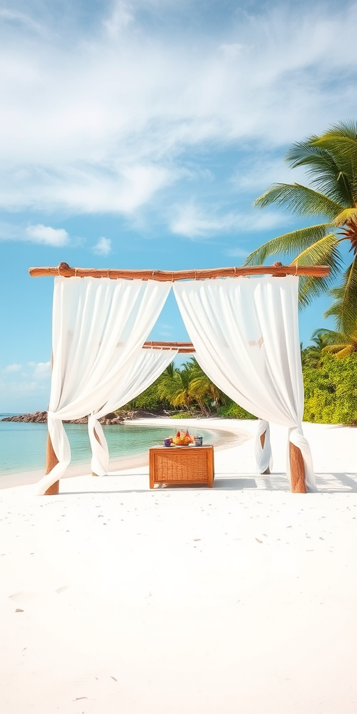 Create a picturesque tropical beach scene featuring a serene, white sandy shore. In the foreground, there's a rustic wooden canopy with white drapes gently flowing in the breeze. Underneath the canopy, a table is set with tropical decor, evoking a sense of relaxation and leisure. The beach extends into a calm, shallow water area with reflections of the sky and surroundings. Palm trees and lush greenery line the edge of the beach, providing a natural, tropical backdrop. The sky is clear with a few scattered clouds, and the overall atmosphere is tranquil and inviting, perfect for a peaceful retreat.